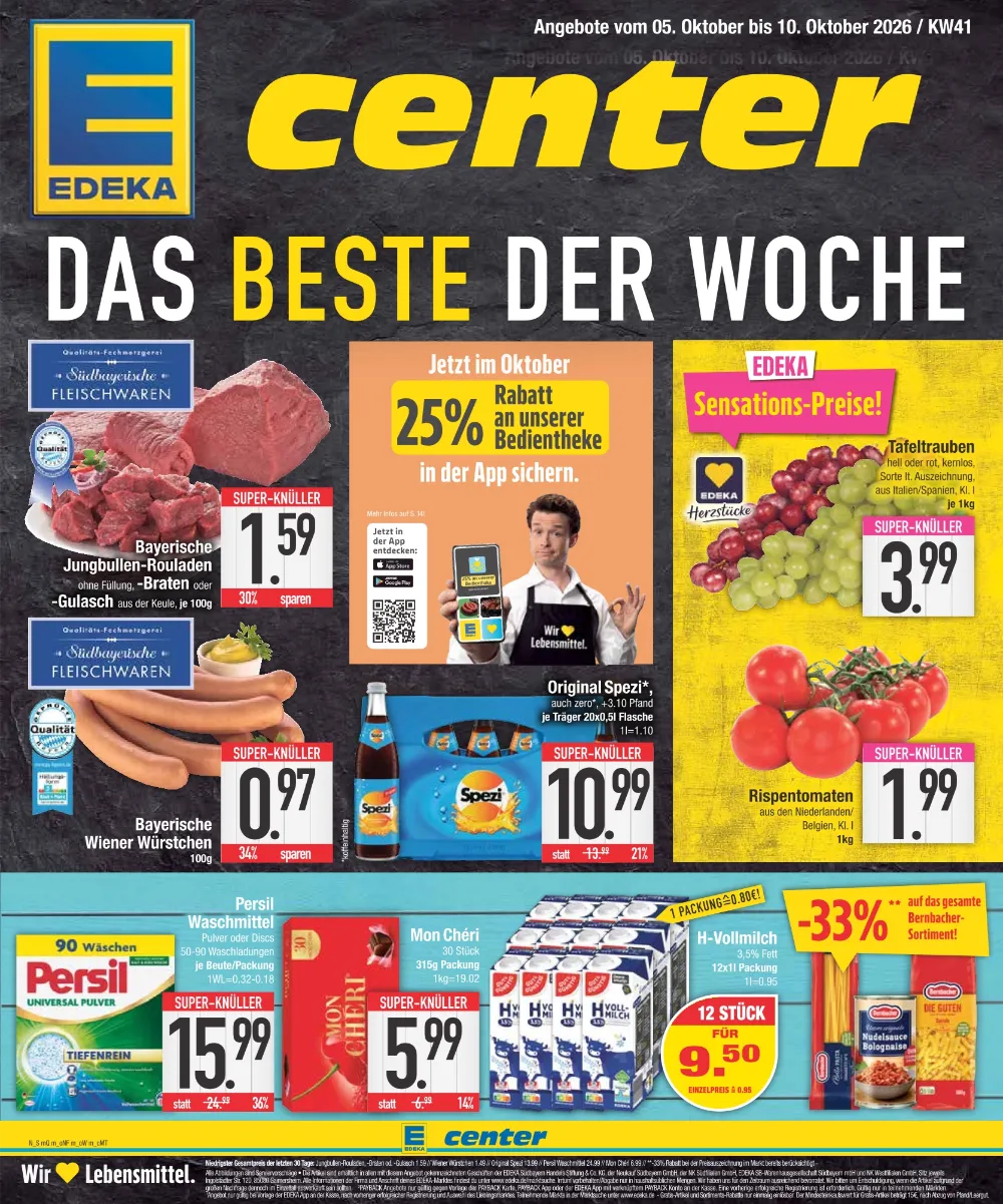 E-Center Prospekt ab 05.10.2026 Seite 1 mit Rouladen, Wiener Würstchen, Original Spezi, Tafeltrauben, Persil und Mon Chéri