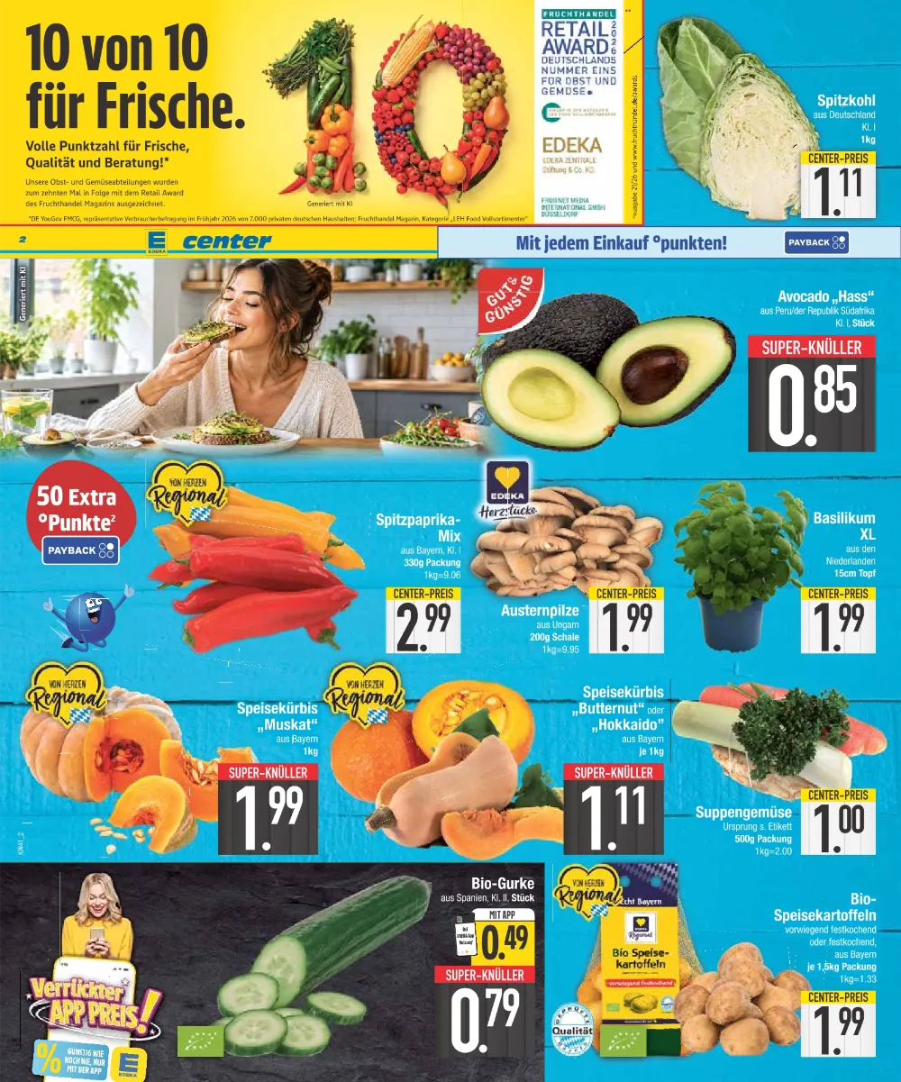 E-Center Prospekt KW 41 Seite 2 mit Spitzkohl, Avocado Hass, Spitzpaprika, Austernpilzen, Basilikum, Speisekürbis und Bio-Gurken