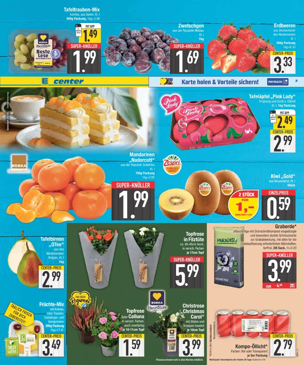 E-Center Prospekt KW 41 Seite 3 mit Tafeltrauben, Zwetschgen, Erdbeeren, Pink Lady Äpfeln, Mandarinen, Kiwis und Topfrosen