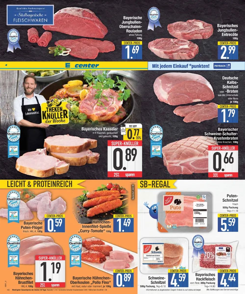E-Center Prospekt KW 41 Seite 4 mit Rouladen, Entrecôte, Kasseler, Kalbsschnitzel, Krustenbraten, Putenschnitzel und Hackfleisch
