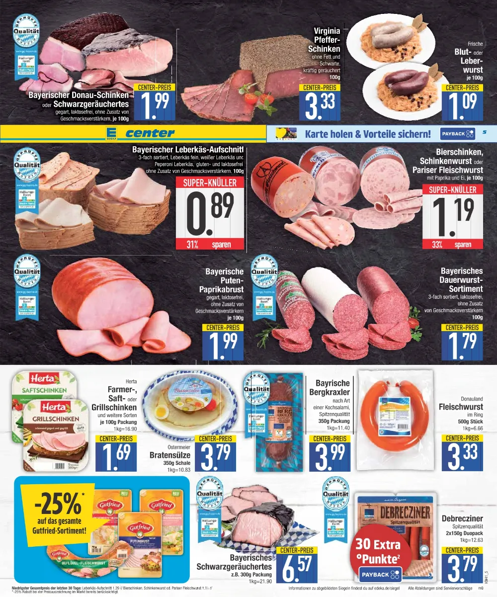 E-Center Prospekt KW 41 Seite 5 mit Donau-Schinken, Leberkäse, Bierschinken, Putenbrust, Herta Schinken und Debreciner