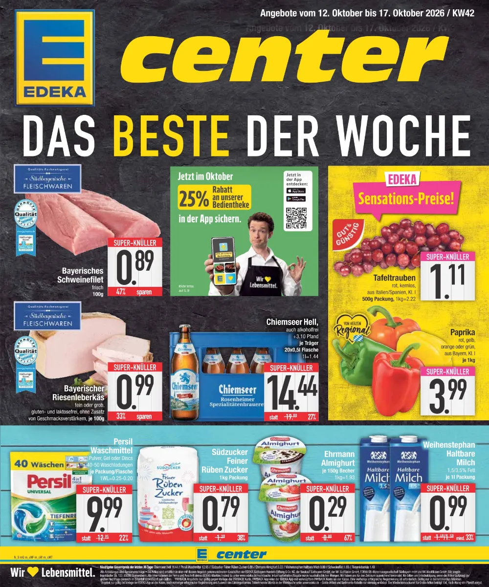 E-Center Prospekt ab 12.10.2026 Seite 1 mit Schweinefilet, Riesenleberkäse, Tafeltrauben, Paprika, Chiemseer & Persil