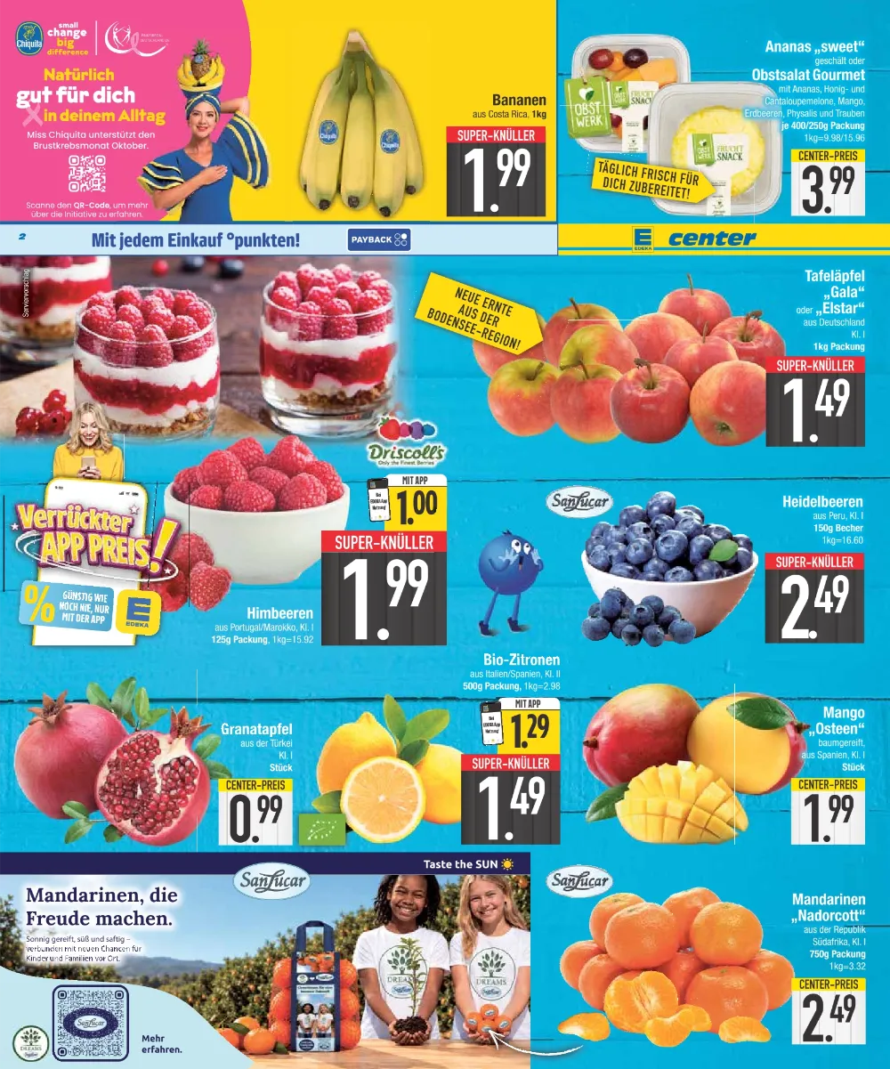 E-Center Prospekt KW 42 Seite 2 mit Bananen, Äpfeln, Himbeeren, Heidelbeeren, Bio-Zitronen & Mandarinen
