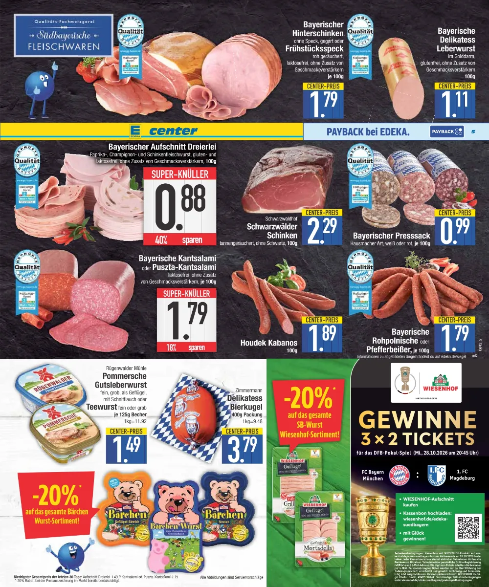 E-Center Prospekt KW 42 Seite 5 mit Hinterschinken, Leberwurst, Aufschnitt Dreierlei, Schwarzwälder Schinken & Kantsalami