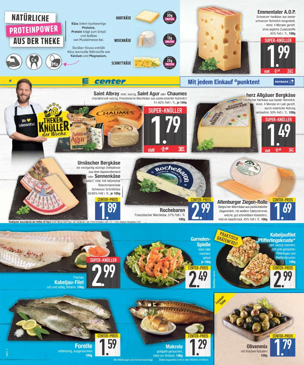 E-Center Prospekt KW 42 Seite 6 mit Emmentaler, Saint Albray, Saint Agur, Chaumes, Bergkäse & Kabeljau-Filet
