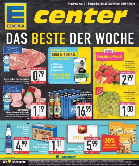 E Center Prospekt ab 21.09.2026 (KW 39) E-Center Prospekt ab 21.09.2026 Seite 1 mit Schweinehals, Erdbeeren, Augustiner Bier, Süßrahmbutter, Merci und Seeberger.