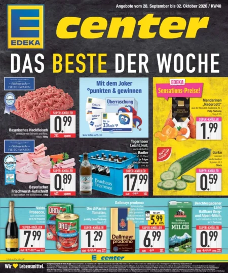 E Center Prospekt ab 28.09.2026 (KW 40) E-Center Prospekt ab 28.09.2026 Seite 1 mit Hackfleisch, Tegernseer Bier, Mandarinen, Gurke, Dallmayr Kaffee und Milch.