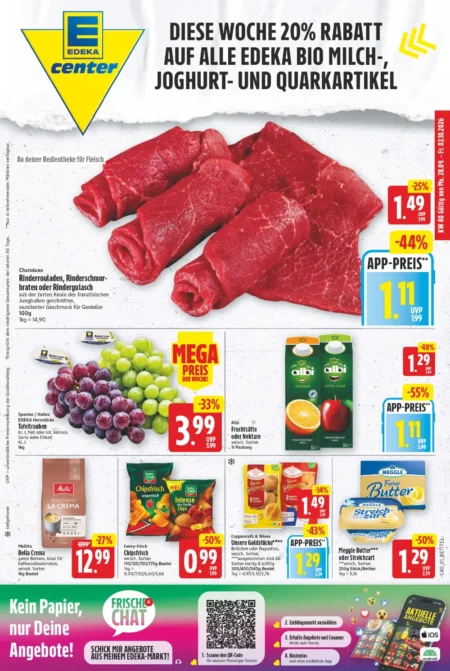 E Center Berlin Prospekt ab 28.09.2026 (KW 40) E-Center Prospekt ab 28.09.2026 Seite 1 mit Rinderrouladen, Tafeltrauben, Albi Säfte, Funny-Frisch Chips und Meggle Butter.