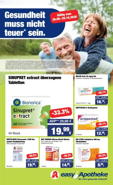 easyApotheke Prospekt Oktober 2026 EasyApotheke Prospekt ab 26.09.2026 Seite 1 mit Sinupret extract, Diclox forte, Grippostad C und Ibu-Lysin.