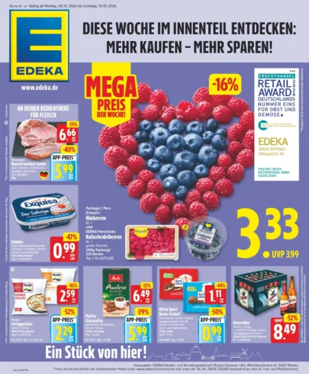 Edeka Prospekt ab 05.10.2026 (KW 41) Edeka Angebote ab 05.10.2026 Seite 1 mit Angeboten für Kasselerkamm, Himbeeren, Heidelbeeren, Exquisa, Melitta & Ritter Sport