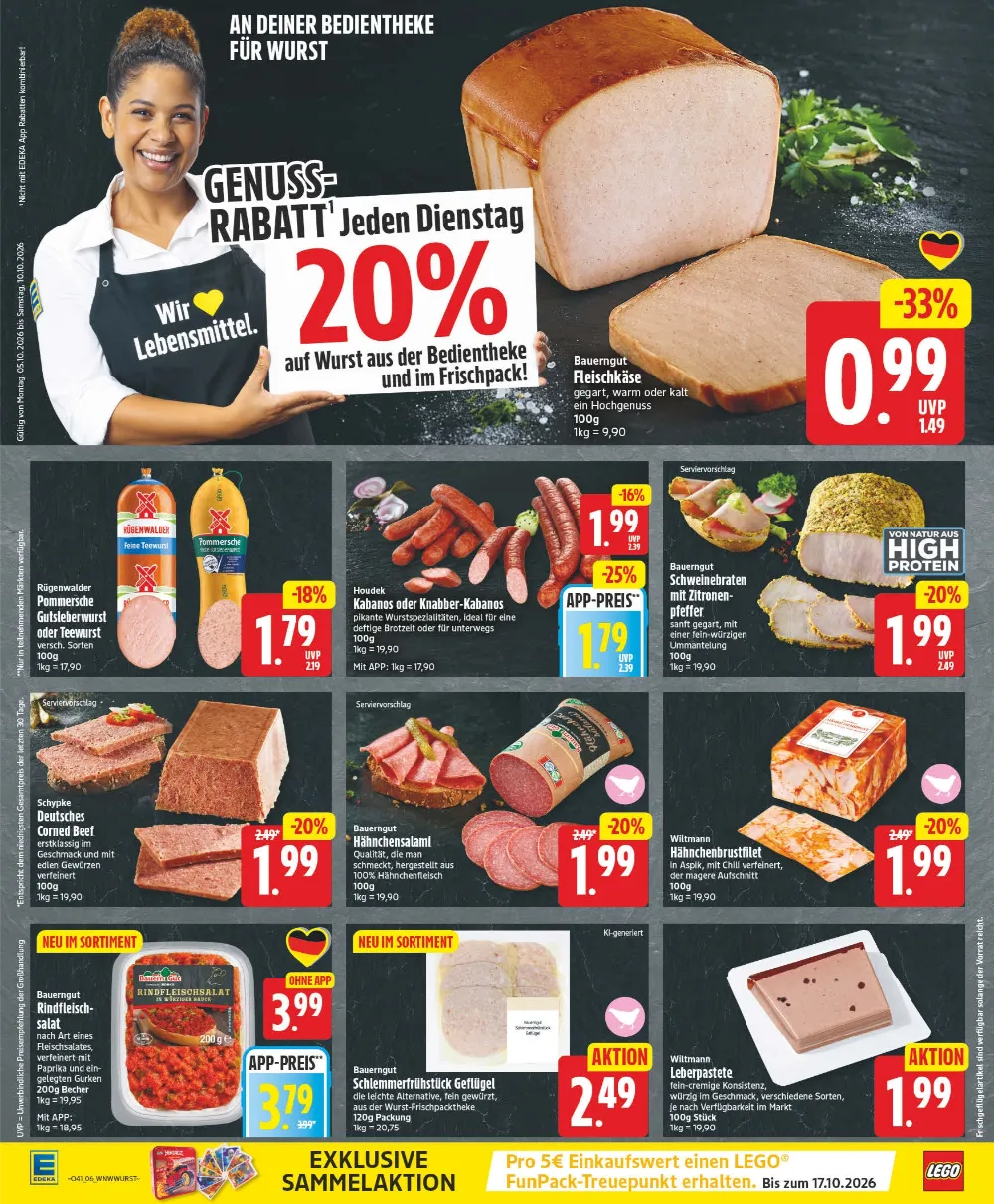 Edeka Angebote KW 41 Seite 6 mit Angeboten für Fleischkäse, Teewurst, Kabanos, Corned Beef, Hähnchensalami & Leberpastete 