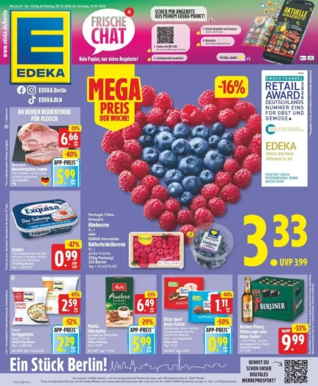 Edeka Berlin Angebote im Prospekt ab 05.10.2026 (KW 39) EDEKA Berlin Angebote ab 05.10.2026 Seite 1 mit Angeboten für Kasselernacken, Himbeeren, Exquisa, Frosta und Ritter Sport.