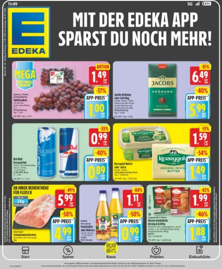 Edeka Berlin Angebote im Prospekt ab 21.09.2026 (KW 39) Edeka Angebote ab 21.09.2026 Seite 1 mit Angeboten für Tafeltrauben, Jacobs Kaffee, Red Bull, Kerrygold Butter und Braten.