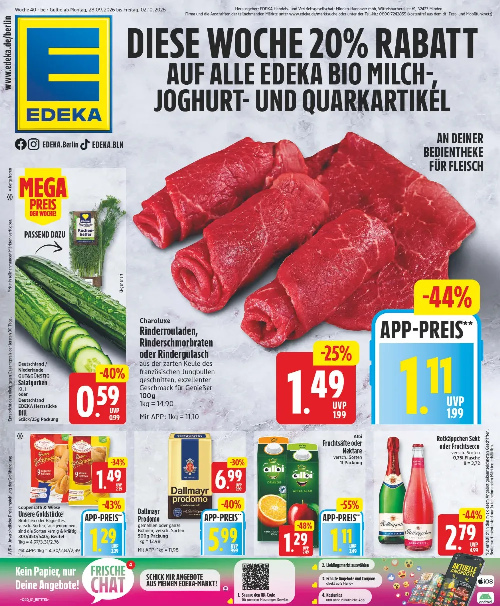Edeka Berlin Prospekt ab 28.09.2026 Seite 1 mit Rinderrouladen, Salatgurken, Brötchen, Dallmayr und Rotkäppchen Sekt.