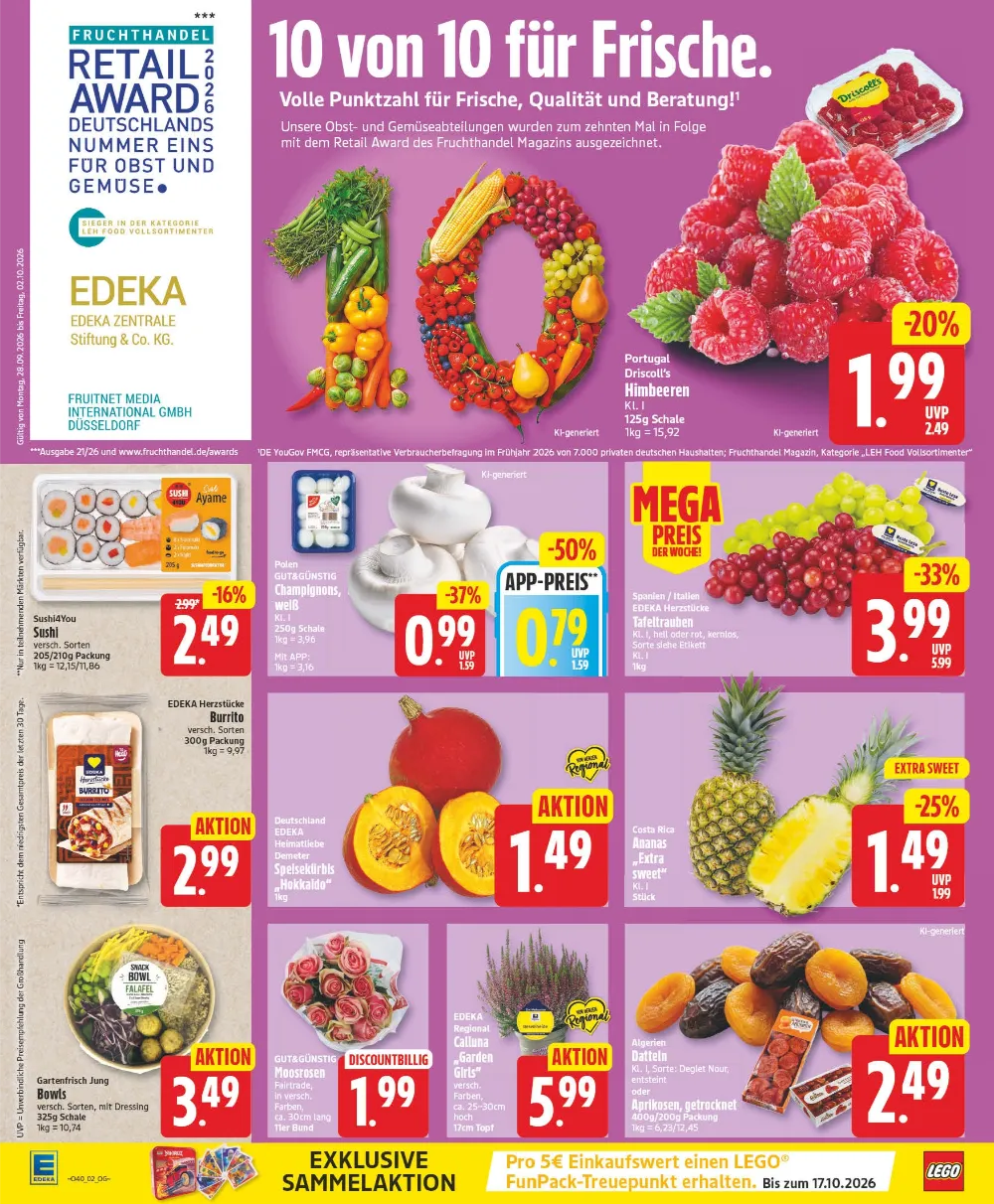 Edeka Berlin Prospekt KW40 Seite 2 mit Himbeeren, Champignons, Tafeltrauben, Ananas, Burritos, Bowls und Moosrosen.
