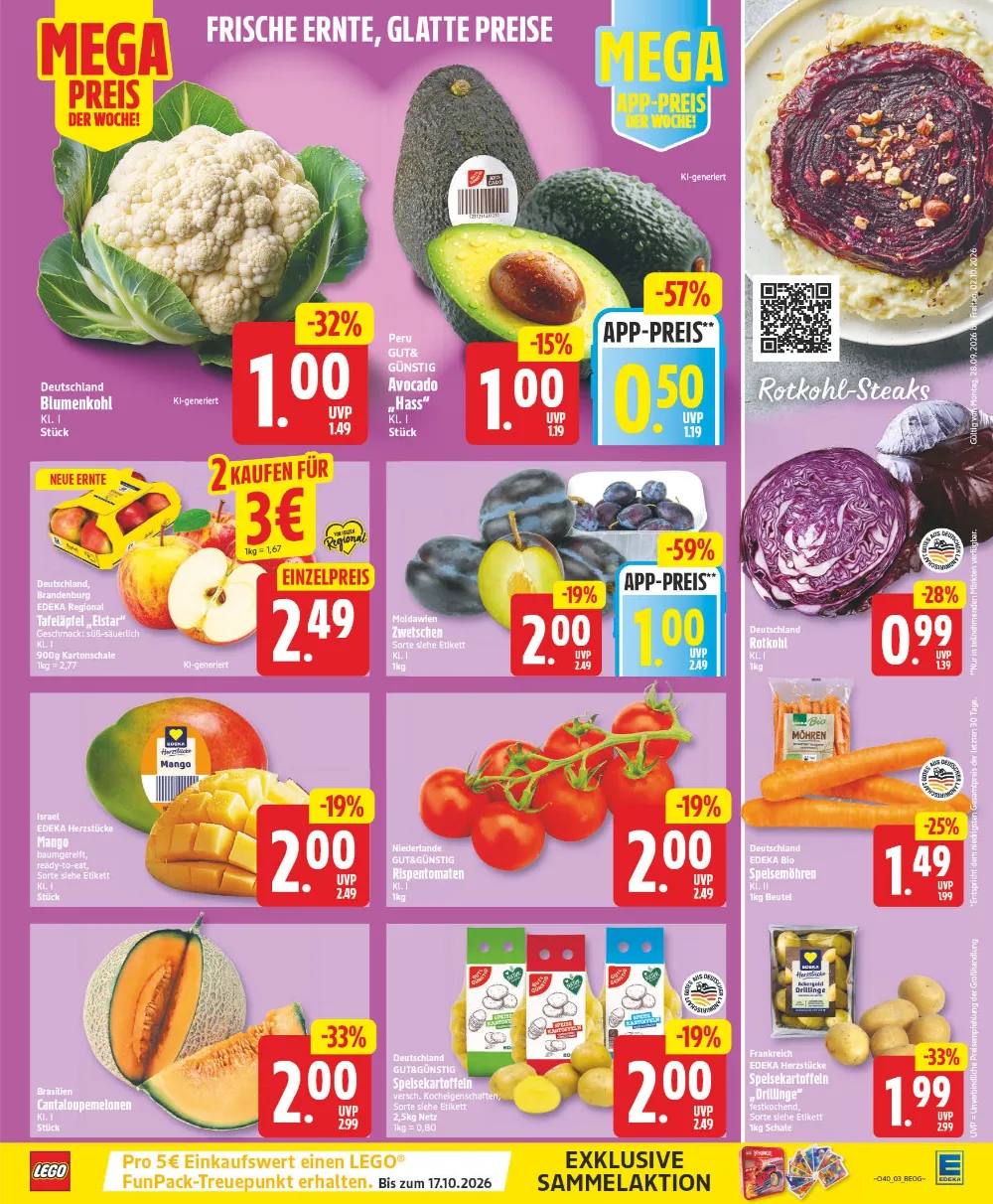 Edeka Berlin Prospekt KW40 Seite 3 mit Blumenkohl, Avocado, Zwetschen, Rotkohl, Speisemöhren und Speisekartoffeln.