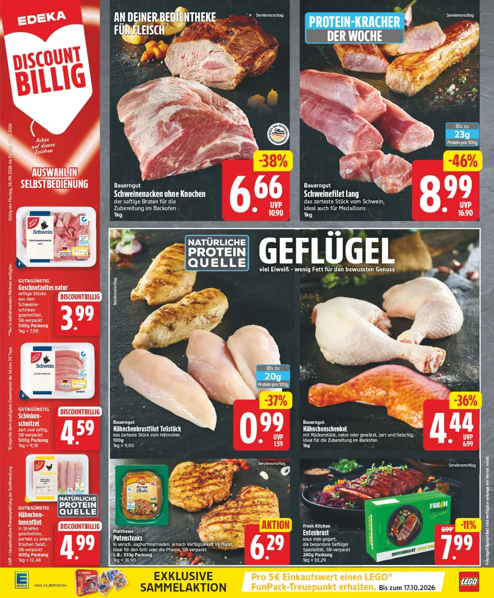 Edeka Berlin Prospekt KW40 Seite 4 mit Schweinenacken, Schweinefilet, Hähnchenbrust, Hähnchenschenkel und Entenbrust.