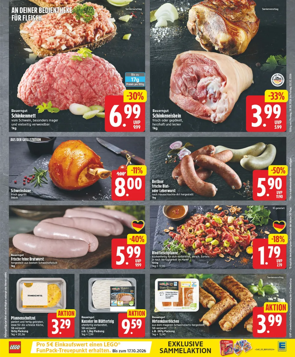 Edeka Berlin Prospekt KW40 Seite 5 mit Schinkenmett, Eisbein, Schweinshaxe, Blutwurst, Bratwurst und Rindfleischpfanne.