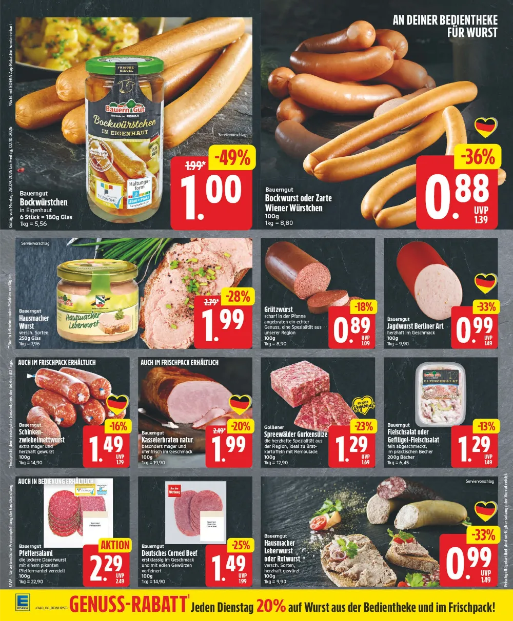 Edeka Berlin Prospekt KW40 Seite 6 mit Bockwürstchen, Wiener Würstchen, Hausmacher Wurst, Grützwurst und Pfeffersalami.