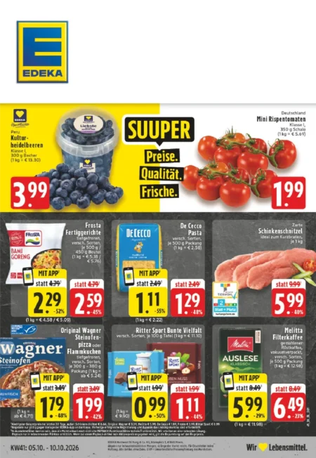 Edeka Dortmund Prospekt ab 05.10.2026 (KW 41) Edeka Dortmund Prospekt ab 05.10.2026 Seite 1 mit Kulturheidelbeeren, De Cecco Pasta, Ritter Sport und Melitta Kaffee