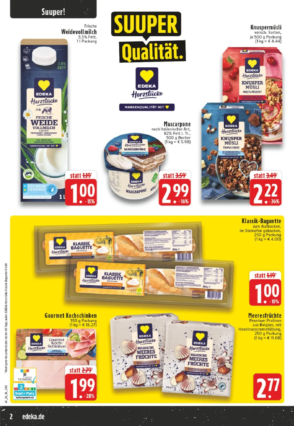 Edeka Dortmund Prospekt KW 41 Seite 2 mit Weidevollmilch, Knuspermüsli, Klassik-Baguette und Gourmet Kochschinken