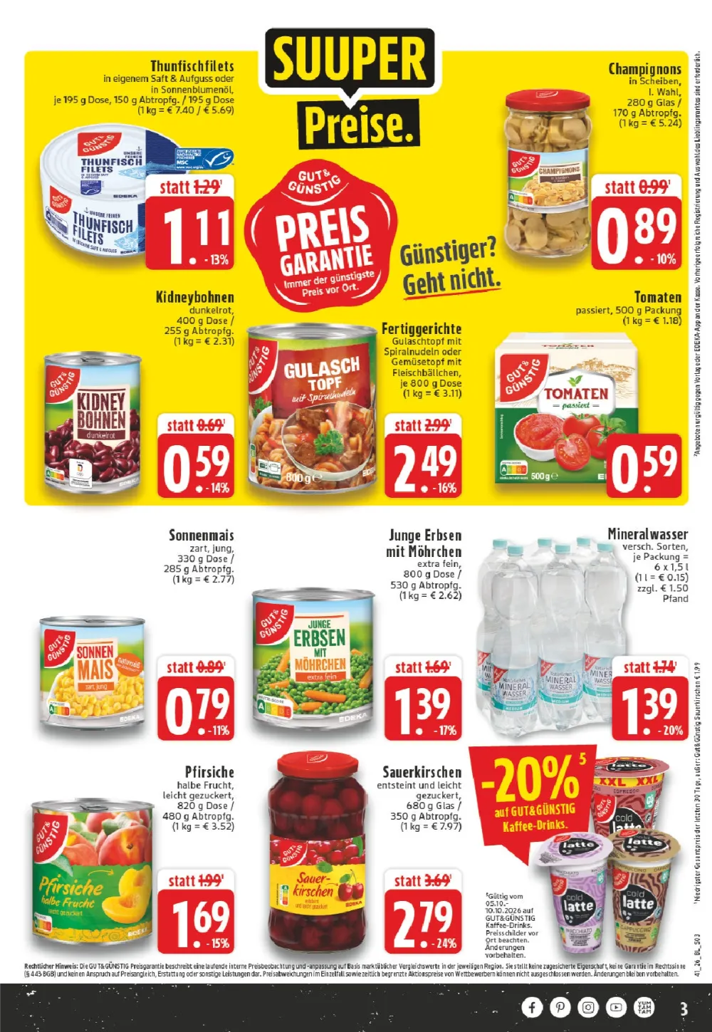 Edeka Dortmund Prospekt KW 41 Seite 3 mit Thunfischfilets, Kidneybohnen, Gulaschtopf, Sonnenmais und Mineralwasser
