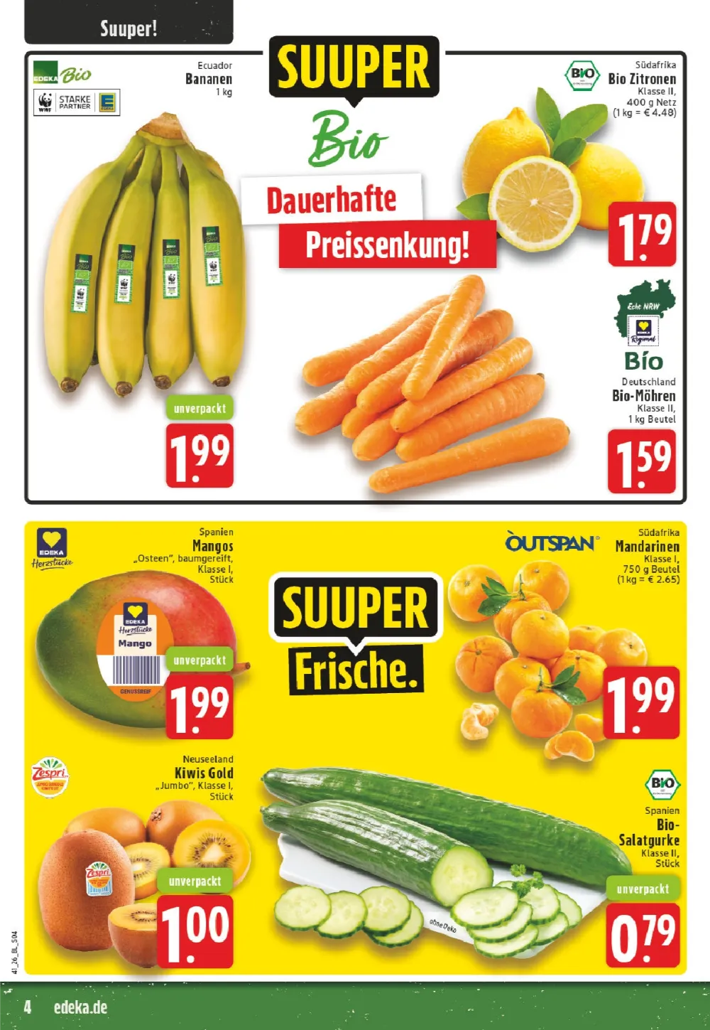 Edeka Dortmund Prospekt KW 41 Seite 4 mit Bio-Bananen, Bio-Zitronen, Bio-Möhren, Mangos, Kiwis Gold und Mandarinen