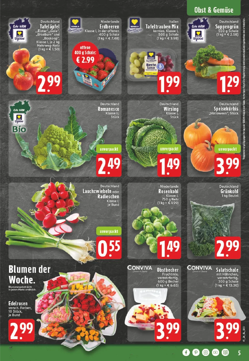Edeka Dortmund Prospekt KW 41 Seite 5 mit Tafeläpfeln, Erdbeeren, Suppengrün, Romanesco, Wirsing und Edelrosen