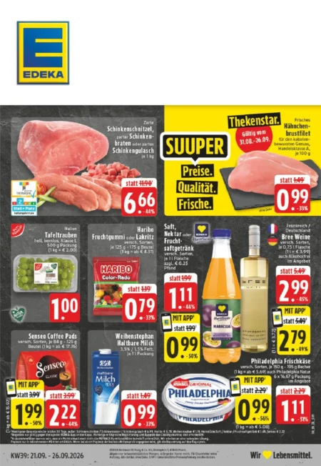 Edeka Dortmund Prospekt ab 21.09.2026 (KW 39) Edeka Dortmund Prospekt ab 21.09.2026 Seite 1 mit Schinkenschnitzel, Hähnchenbrustfilet, Haribo und Philadelphia.