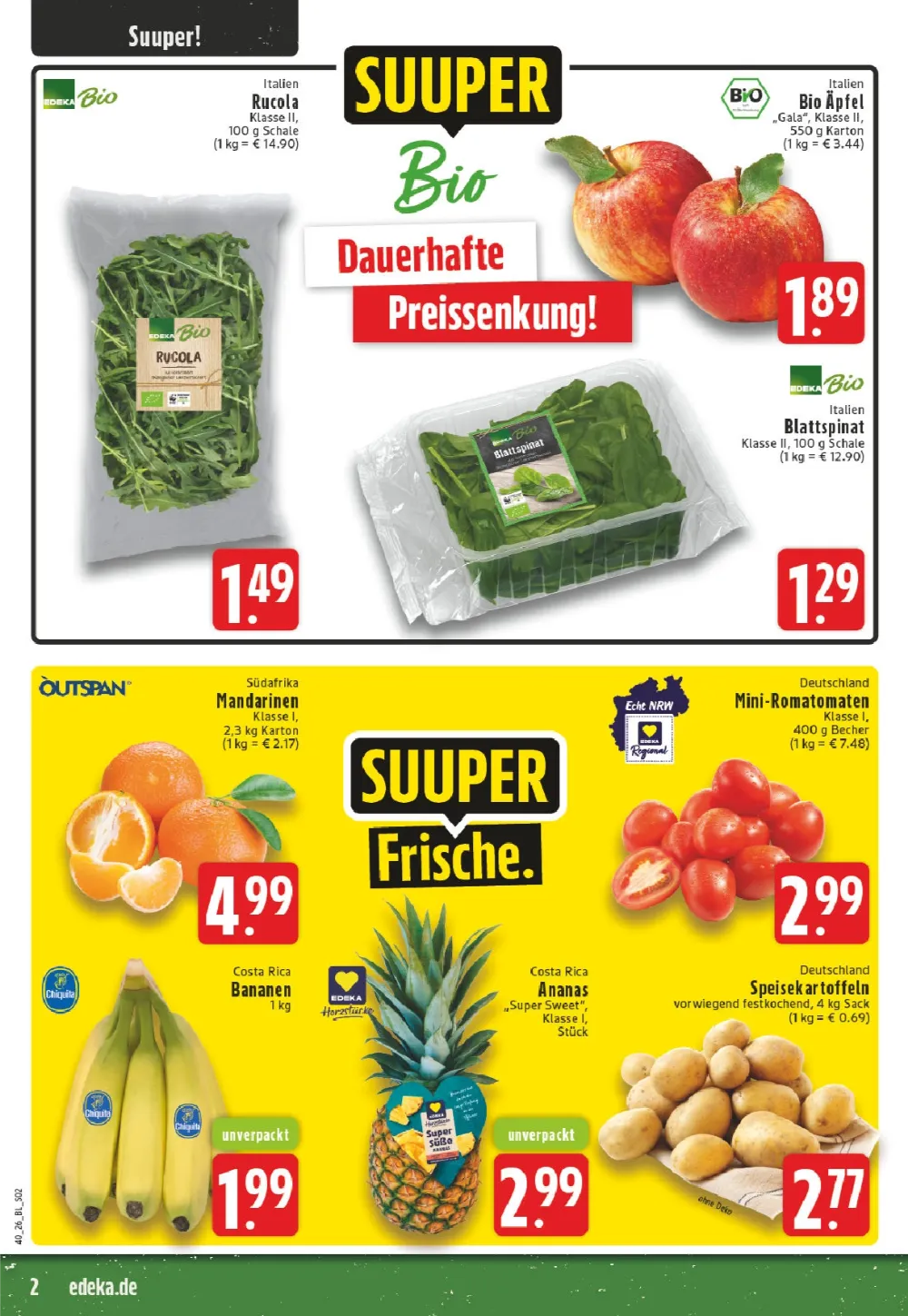 Edeka Dortmund Prospekt KW40 Seite 2 mit Rucola, Bio-Äpfeln, Blattspinat, Mandarinen, Tomaten, Bananen, Ananas und Kartoffeln.