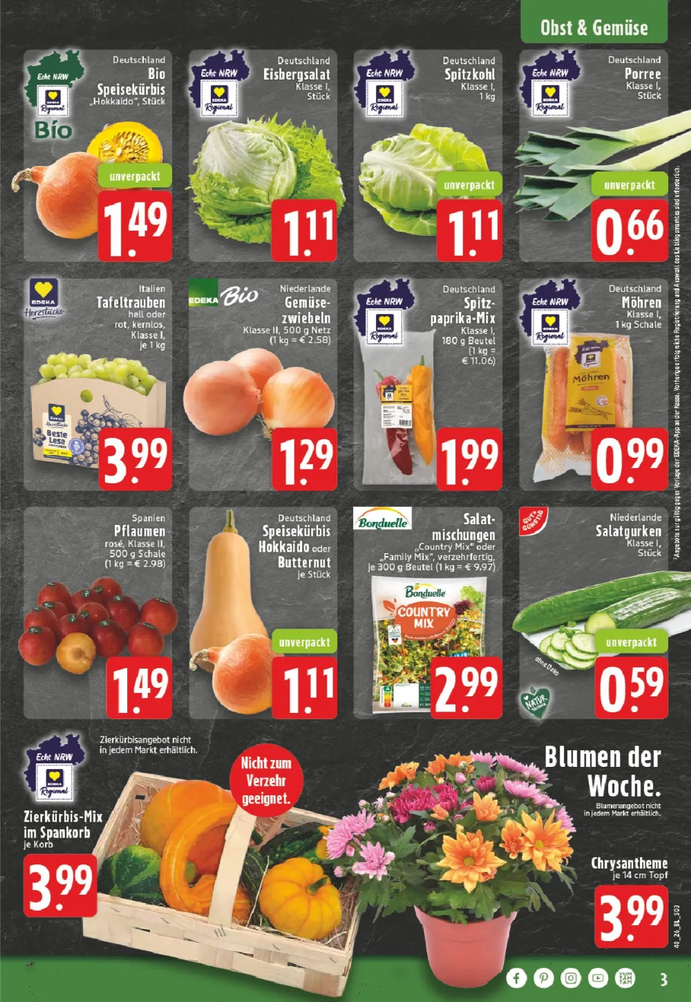 Edeka Dortmund Prospekt KW40 Seite 3 mit Kürbis, Eisbergsalat, Spitzkohl, Porree, Trauben, Zwiebeln, Möhren und Pflaumen.