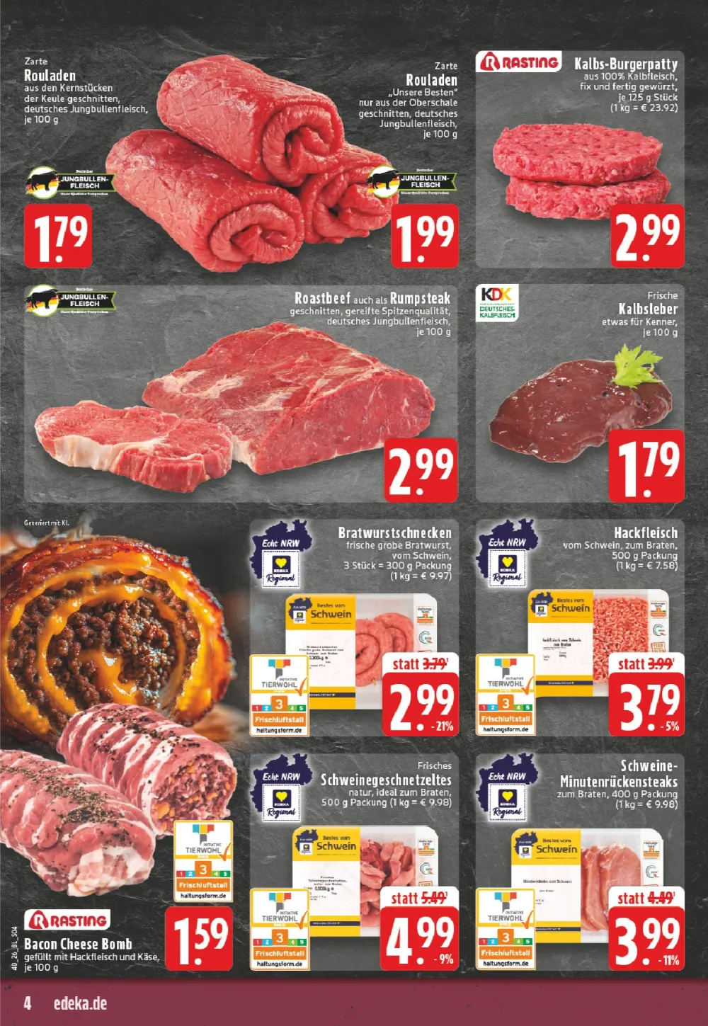 Edeka Dortmund Prospekt KW40 Seite 4 mit Rouladen, Burgerpatty, Roastbeef, Kalbsleber, Bratwurst, Hackfleisch und Steaks.
