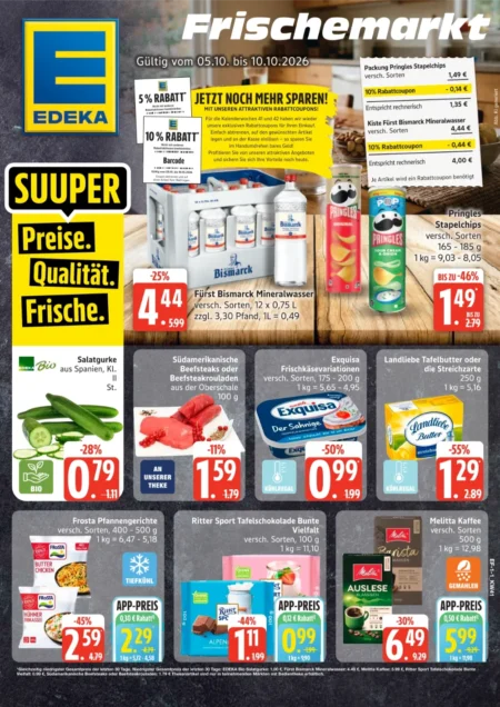 Edeka Frischemarkt Prospekt ab 05.10.2026 (KW 41) Edeka Frischemarkt Prospekt ab 05.10.2026 Seite 1 mit Pringles, Fürst Bismarck, Exquisa, Landliebe Butter und Melitta Kaffee