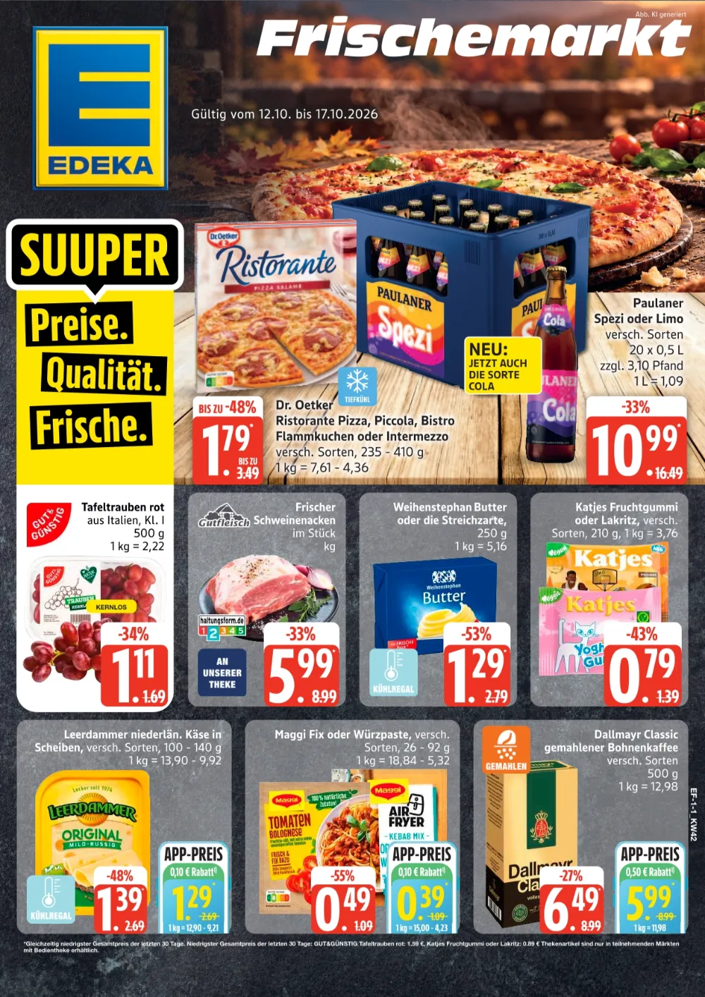Edeka Frischemarkt Prospekt ab 12.10.2026 Seite 1 mit Dr. Oetker Pizza, Paulaner Spezi, Tafeltrauben, Schweinenacken & Butter