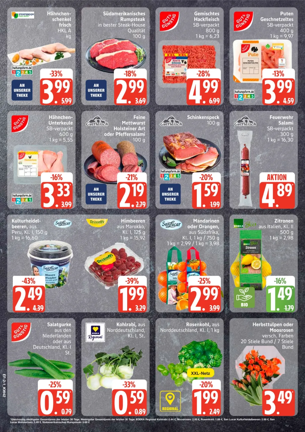 Edeka Frischemarkt Prospekt KW 42 Seite 2 mit Hähnchenschenkel, Rumpsteak, Hackfleisch, Putengeschnetzeltem & Kulturheidelbeeren