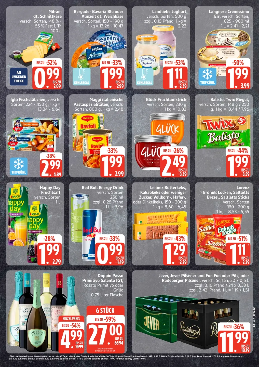 Edeka Frischemarkt Prospekt KW 42 Seite 3 mit Milram Käse, Bavaria Blu, Landliebe Joghurt, Cremissimo & Iglo Fischstäbchen