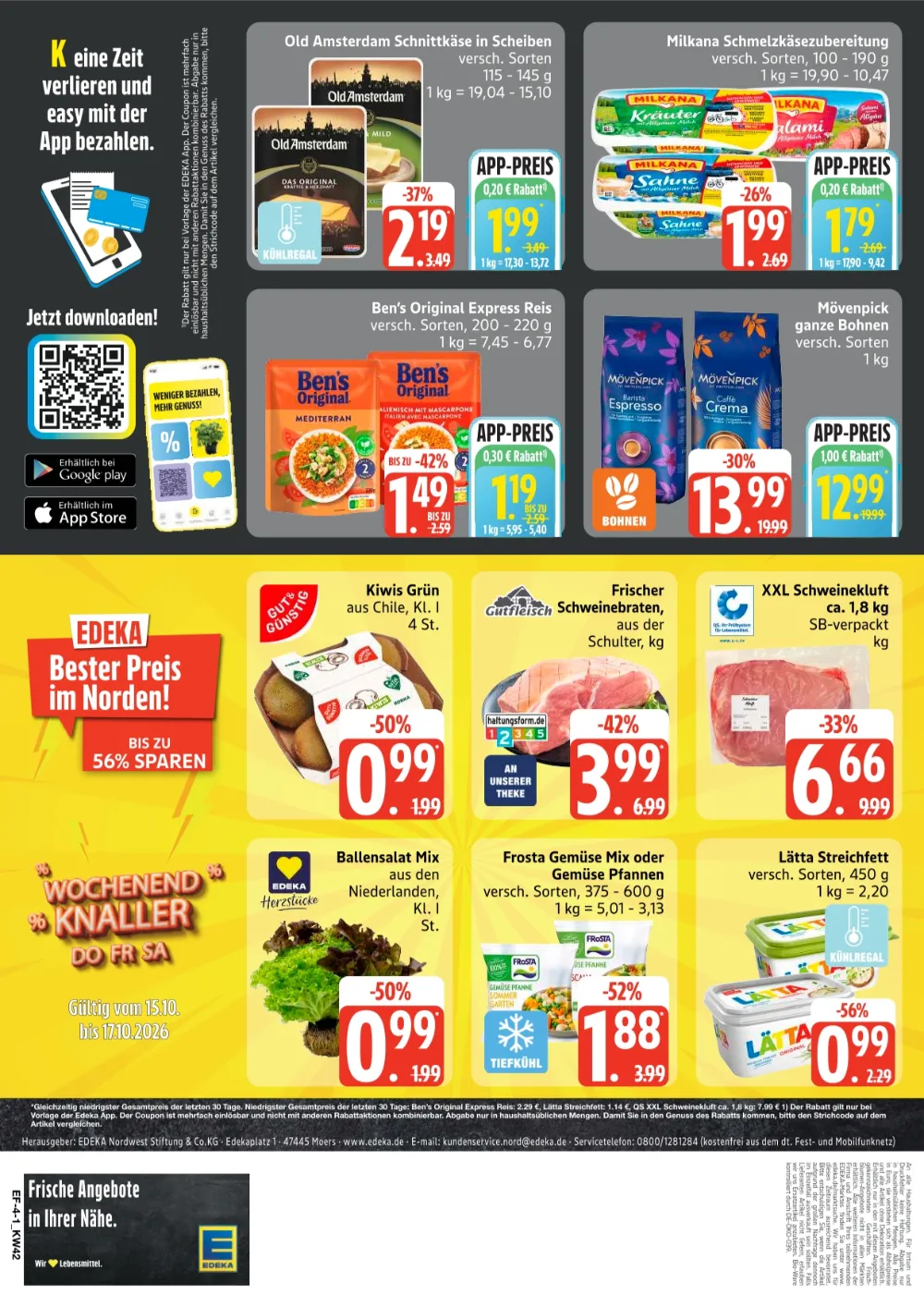 Edeka Frischemarkt Prospekt KW 42 Seite 4 mit Old Amsterdam, Milkana, Ben's Original Reis, Mövenpick Kaffee & Schweinebraten