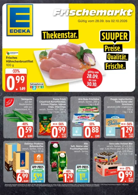 Edeka Frischemarkt Prospekt ab 28.09.2026 (KW 40) Edeka Frischemarkt Prospekt ab 28.09.2026 Seite 1 mit Hähnchenbrustfilet, Gurke, Funny-Frisch, Buko, Dallmayr Kaffee und Bier.