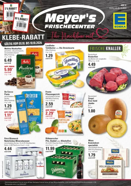 Edeka Meyer’s Frischecenter Prospekt ab 05.10.2026 (KW 41) Edeka Meyers Frischecenter Prospekt ab 05.10.2026 Seite 1 mit Melitta Kaffee, Landliebe Butter, Rinderfilet und Kiwi Gold