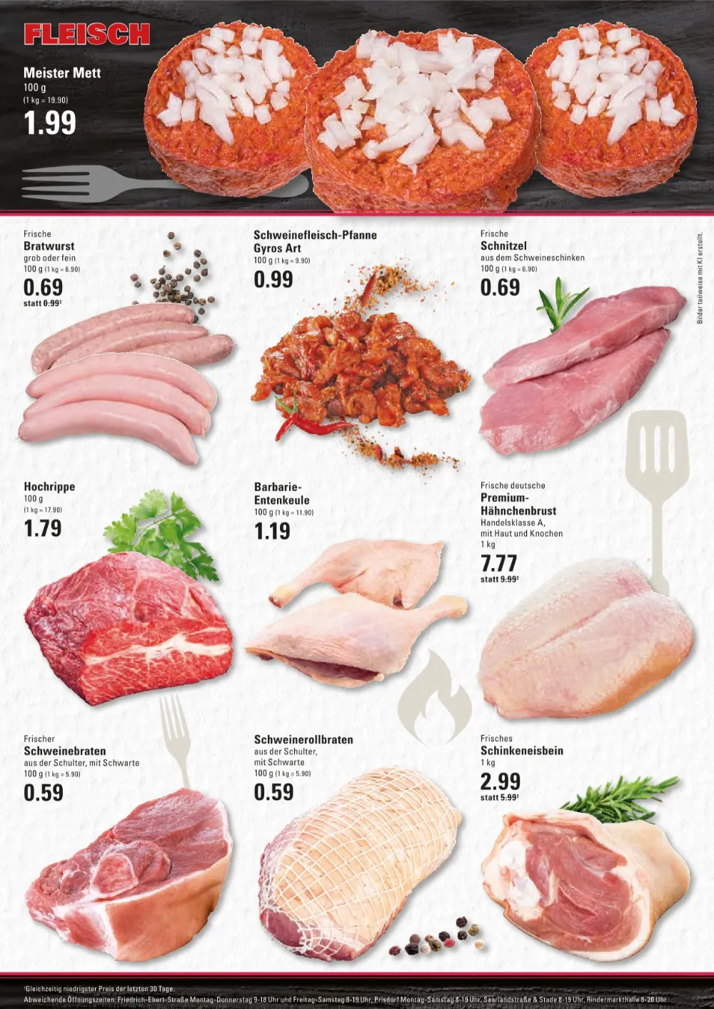 Edeka Meyers Frischecenter Prospekt KW 41 Seite 4 mit Meister Mett, Bratwurst, Schnitzel, Hähnchenbrust und Schweinebraten