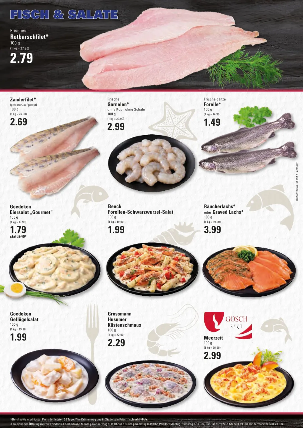 Edeka Meyers Frischecenter Prospekt KW 41 Seite 6 mit Rotbarschfilet, Zanderfilet, Garnelen, Forelle und Räucherlachs