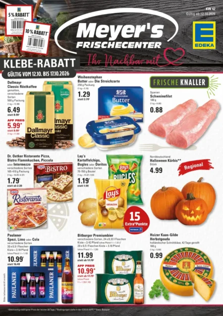 Edeka Meyer’s Frischecenter Prospekt ab 12.10.2026 (KW 42) Edeka Meyer's Frischecenter Prospekt ab 12.10.2026 Seite 1 mit Dallmayr Kaffee, Schweinefilet, Dr. Oetker Pizza & Lay's Chips