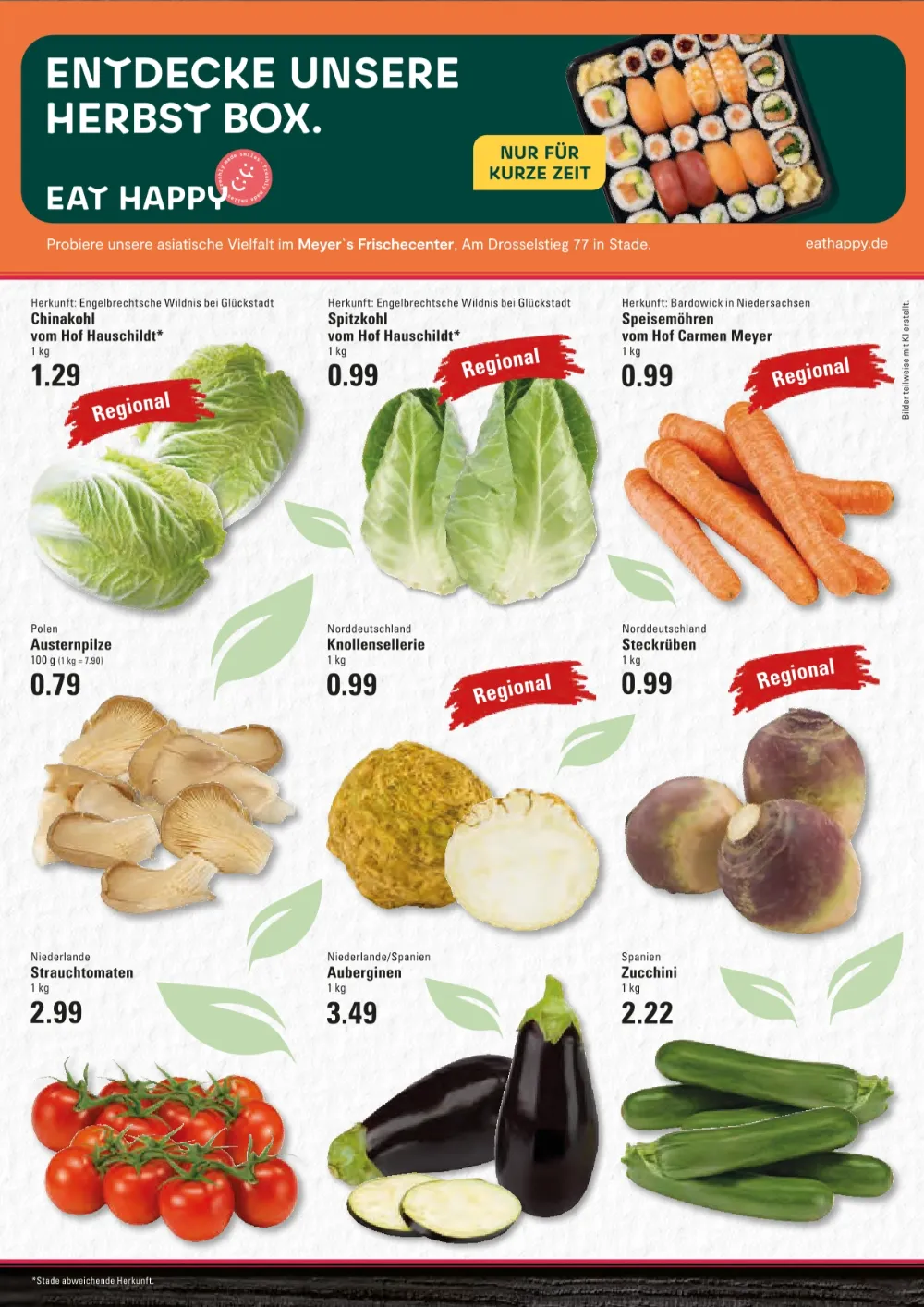 Edeka Meyer's Frischecenter Prospekt KW 42 Seite 2 mit Chinakohl, Spitzkohl, Speisemöhren, Austernpilzen & Strauchtomaten