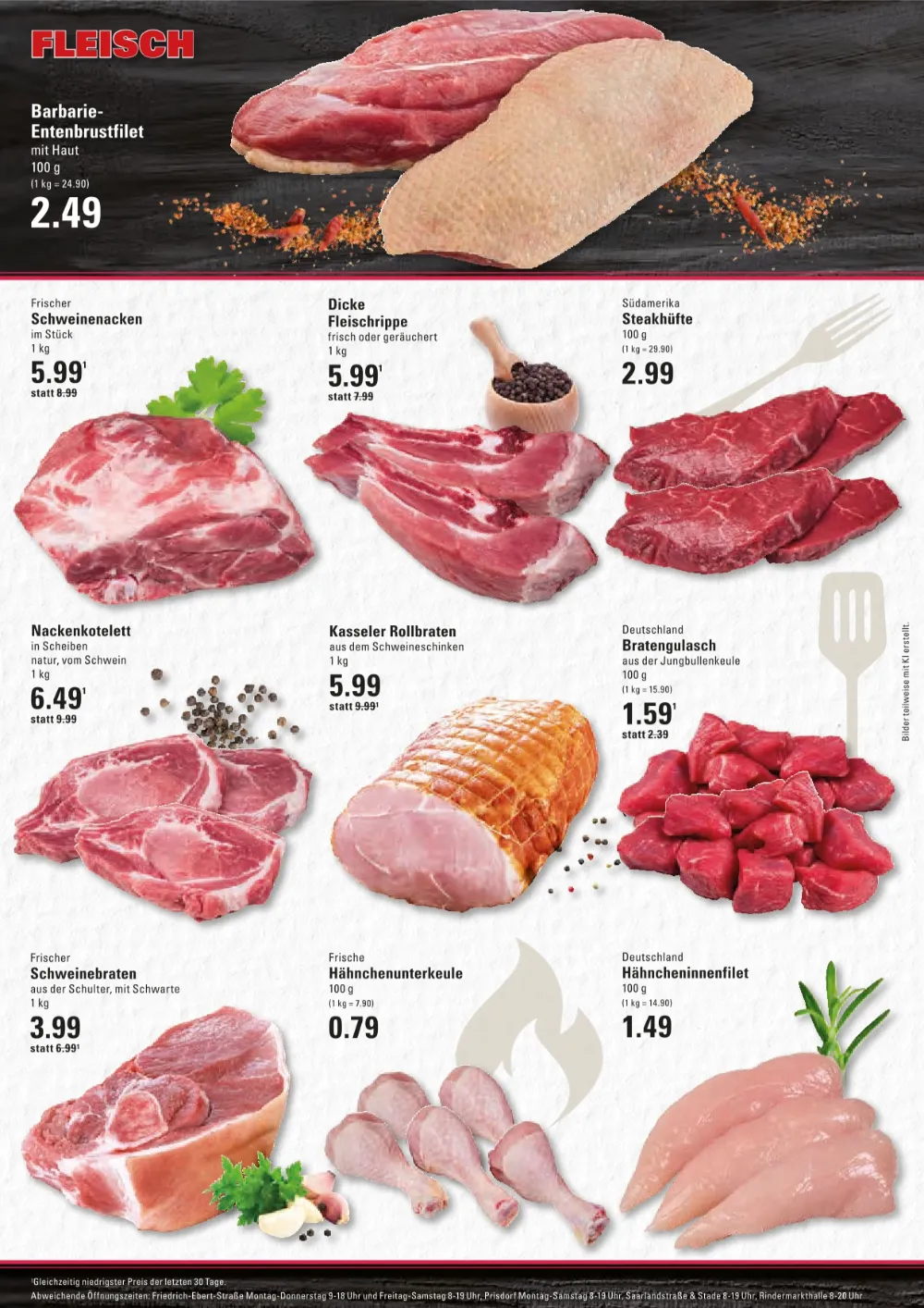 Edeka Meyer's Frischecenter Prospekt KW 42 Seite 4 mit Entenbrustfilet, Schweinenacken, Fleischrippe & Steakhüfte