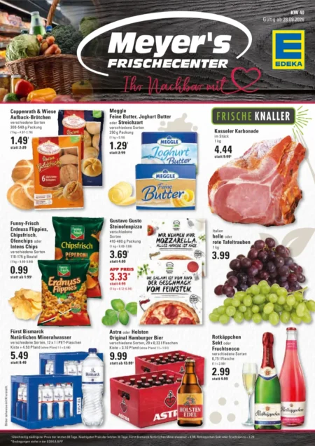 Edeka Meyer’s Frischecenter Prospekt ab 28.09.2026 (KW 40) Edeka Meyer's Frischecenter Prospekt ab 28.09.2026 Seite 1 mit Brötchen, Butter, Kasseler, Chips, Pizza, Trauben und Sekt.