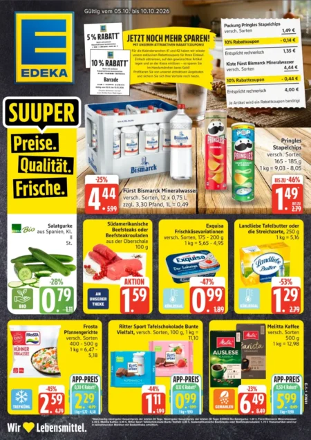 Edeka Nord Prospekt ab 05.10.2026 (KW 41) Edeka Nord Angebote ab 05.10.2026 Seite 1 mit Angeboten für Pringles, Fürst Bismarck, Landliebe Butter und Melitta Kaffee