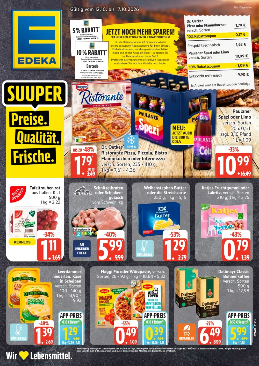 Edeka Nord Prospekt ab 12.10.2026 Seite 1 mit Dr. Oetker Pizza, Paulaner Spezi, Tafeltrauben, Schnitzelbraten & Butter