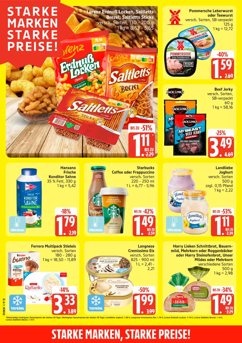 Edeka Nord Prospekt KW 42 Seite 2 mit Lorenz Erdnusslocken, Saltletts, Pommersche Leberwurst, Starbucks & Cremissimo