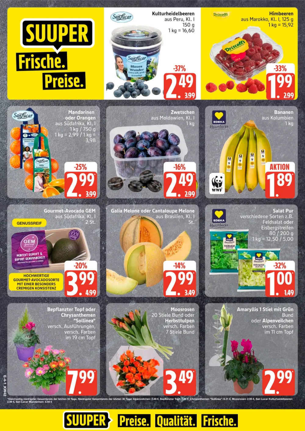 Edeka Nord Prospekt KW 42 Seite 6 mit Kulturheidelbeeren, Himbeeren, Mandarinen, Zwetschen, Bananen & Schnittblumen