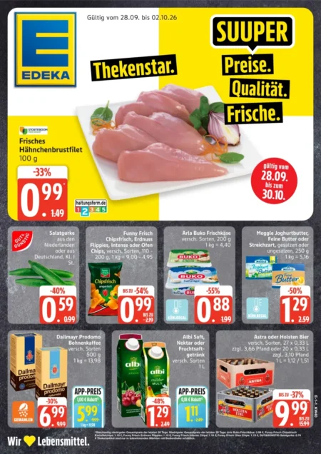 Edeka Nord Prospekt ab 28.09.2026 (KW 40) Edeka Nord Prospekt ab 28.09.2026 Seite 1 mit Hähnchenbrustfilet, Gurken, Chips, Buko, Butter, Kaffee und Bier.